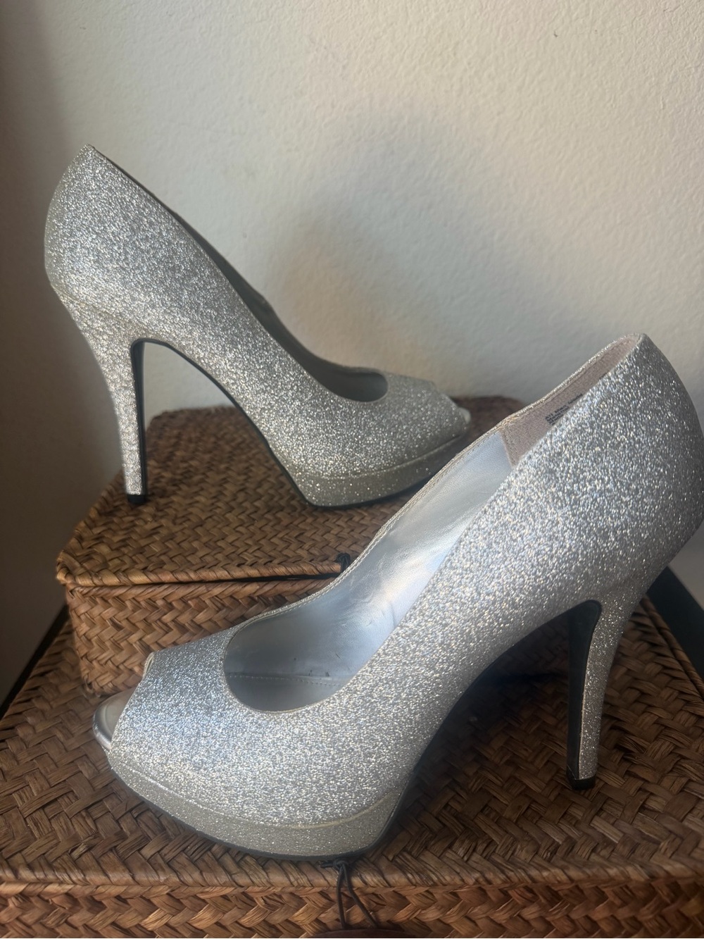 FIONI Clothing Silver Glitter Peep-Toe Stiletto Heels